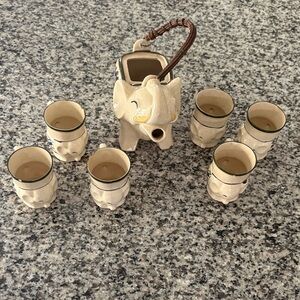 Cream Elephant Ceramic Tea Set with Bamboo Handle
